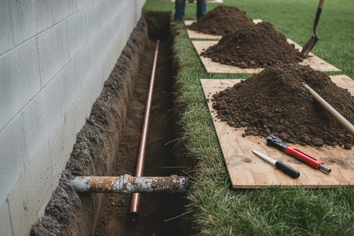 Excavated water line trench during Water Softener Installation in Niantic